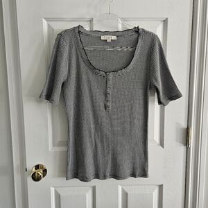 NWOT LOFT Striped Pointelle Henley Short Sleeve Top